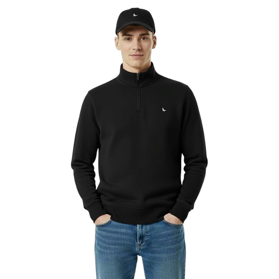 JACK WILLS Men's Barchester 1/4 Zip Pullover, Size 2XL, 75% Cotton, Black.