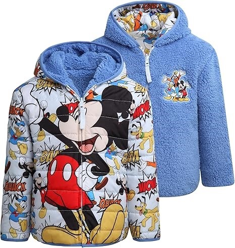 DISNEY Kids' Reversible Puffer/Sherpa Jacket, Size 4T, Mickey Mouse (Blue).