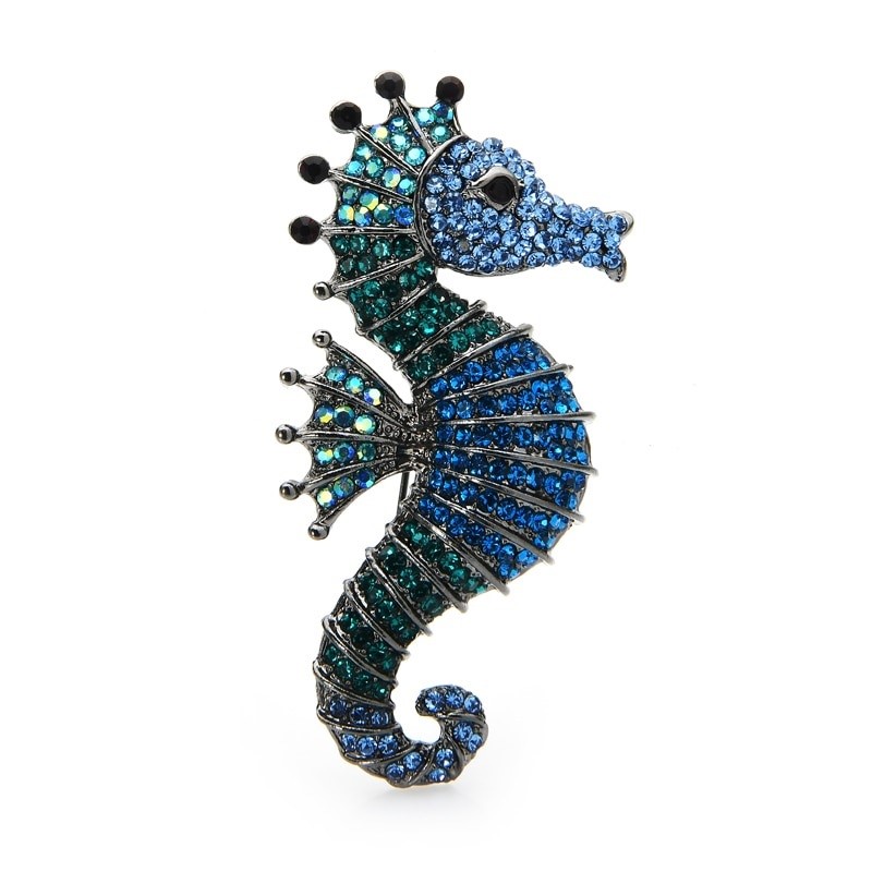 Designer Simulated Diamond Green & Blue Seahorse Brooch Pin