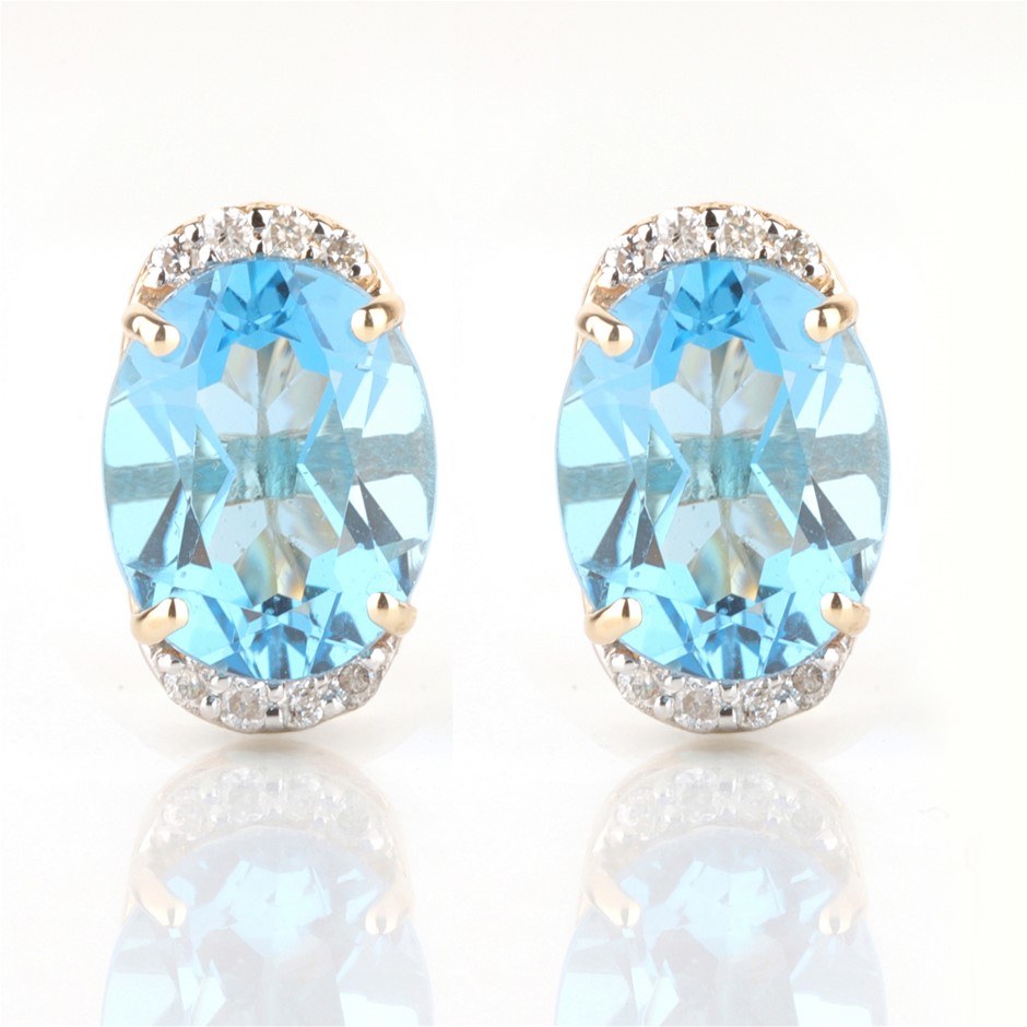 9ct Yellow Gold Natural Swiss Blue Topaz & Diamond Earrings