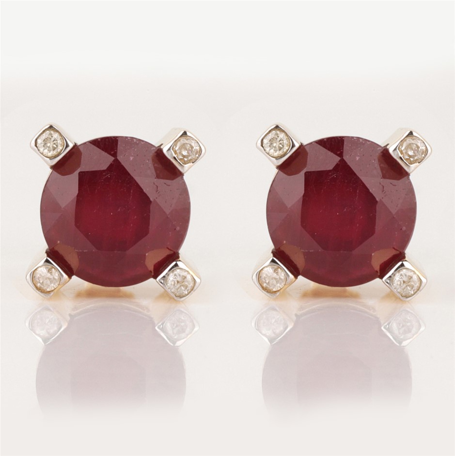 <b>9ct Yellow Gold Natural Ruby & Diamond Earrings</b>