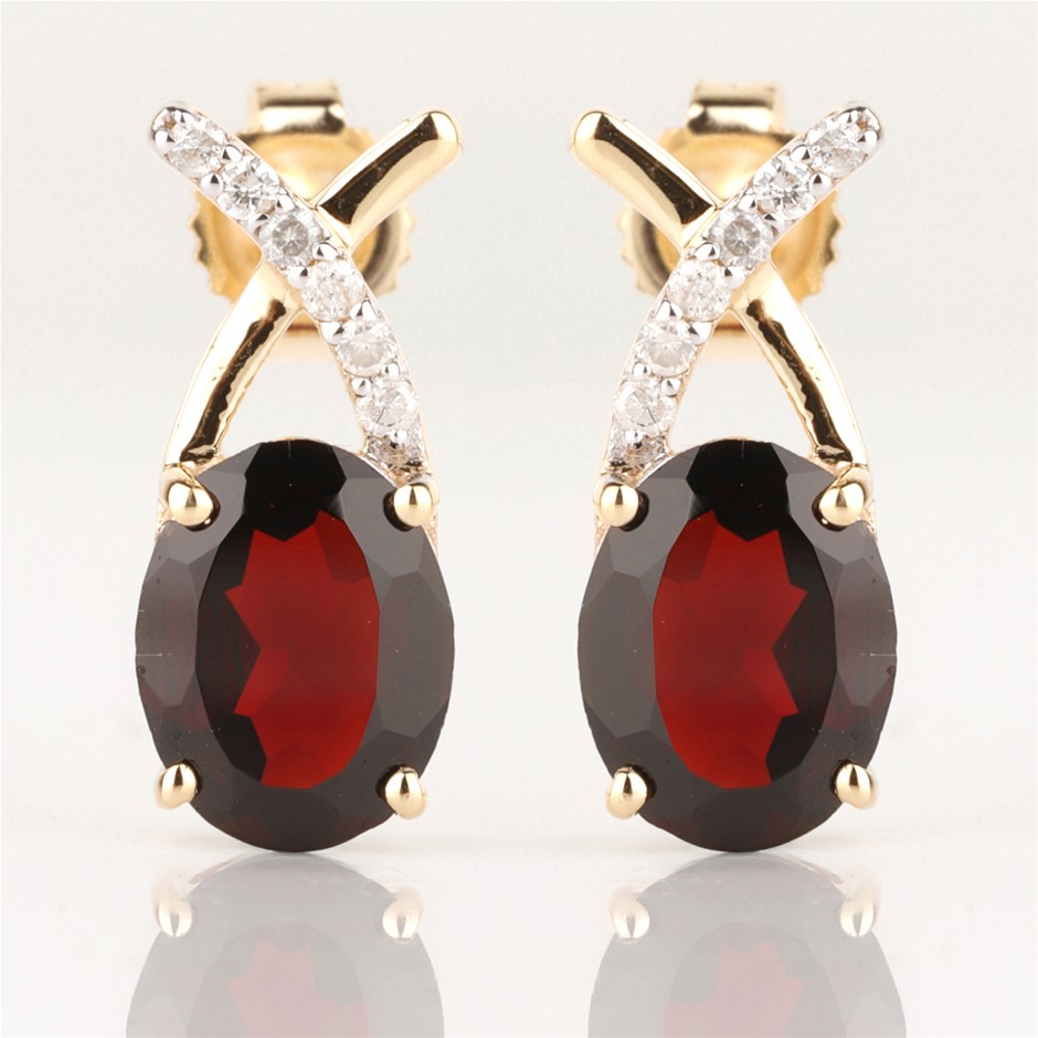 9ct Yellow Gold Natural Garnet & Diamond Earrings