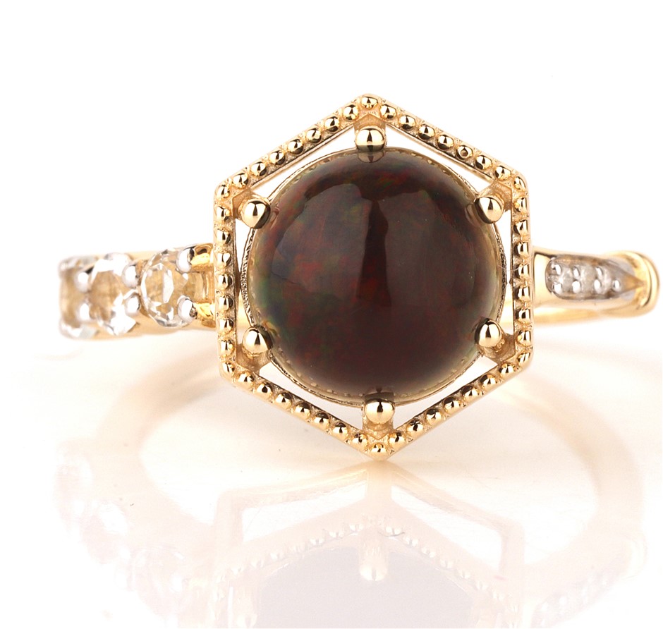 <b>9ct Yellow Gold Natural Black Opal / Natural White Topaz & Diamond Ring