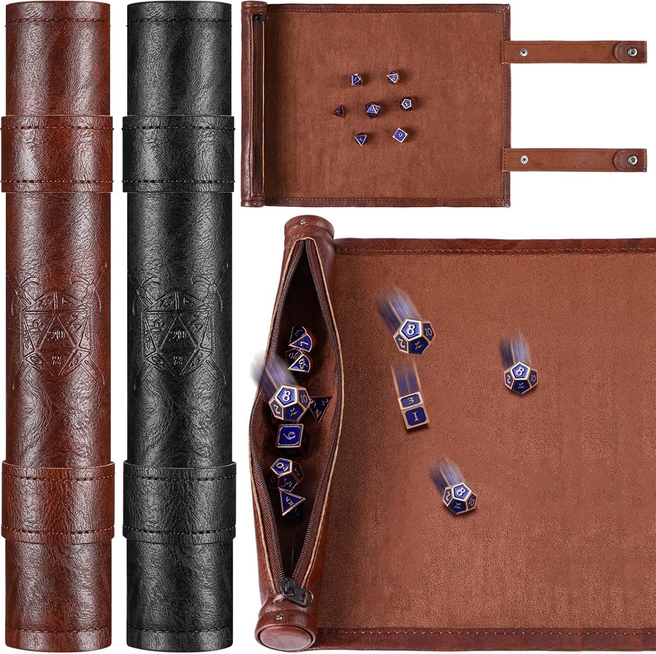 2 Pieces Folding Scroll Dice Tray and Pouch Set - Leather Mat with Zipper f