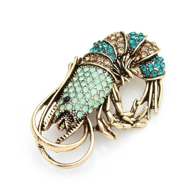 Designer Simulated Diamond Brown, Blue & Green Shrimp Brooch Pin