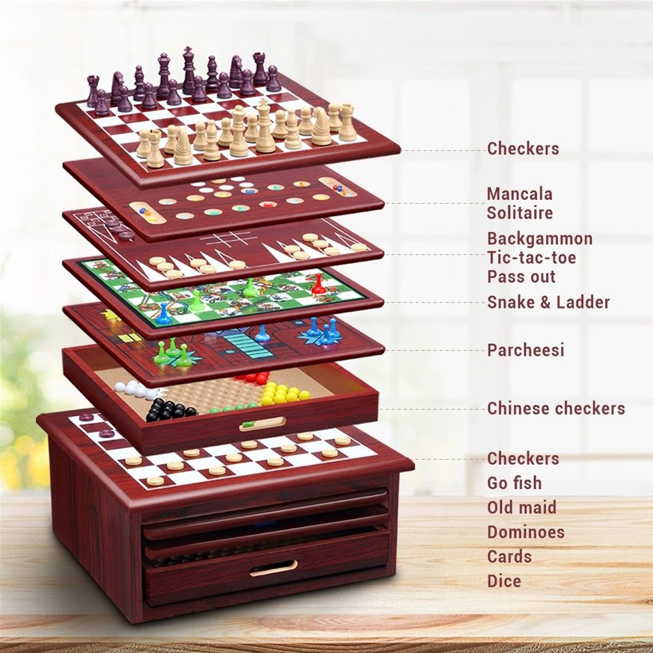 15-in-1 Chess Game Set Wooden Board Game Checker Backgammon Solitaire
