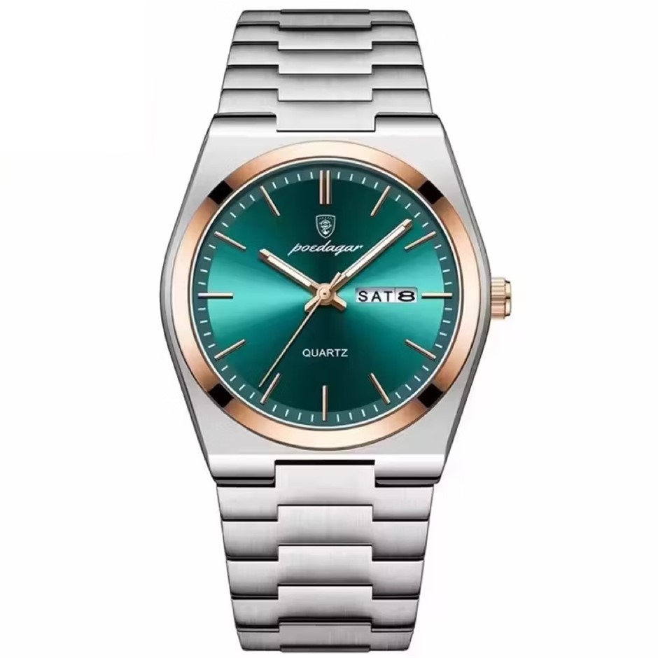 Luxury Quartz Watch Men, with Stainless Steel Strap, Silver/Rose Gold/Green
