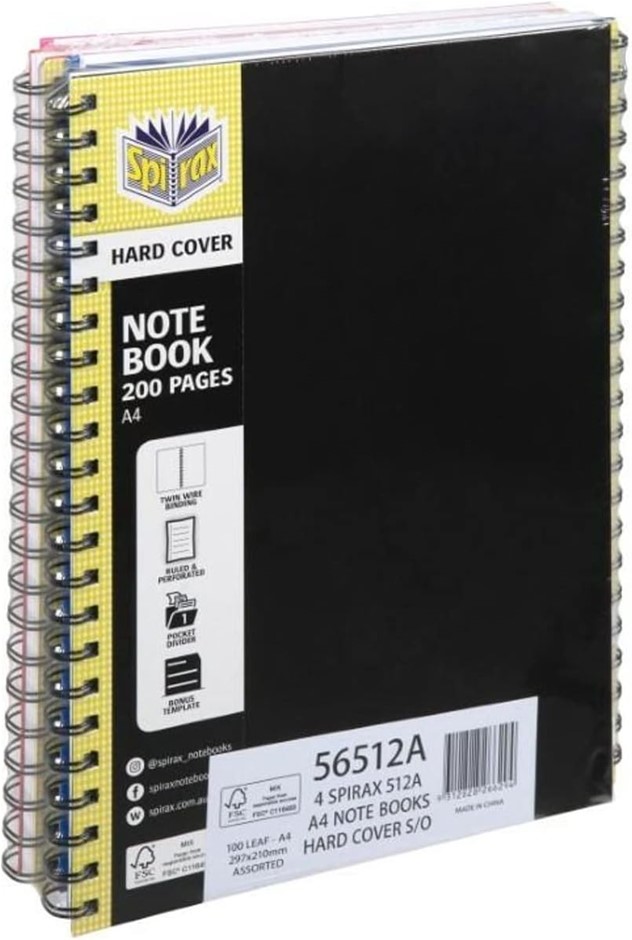 Spirax 512 Hard Cover Book A4 200 Page Assorted, 4 Pack
