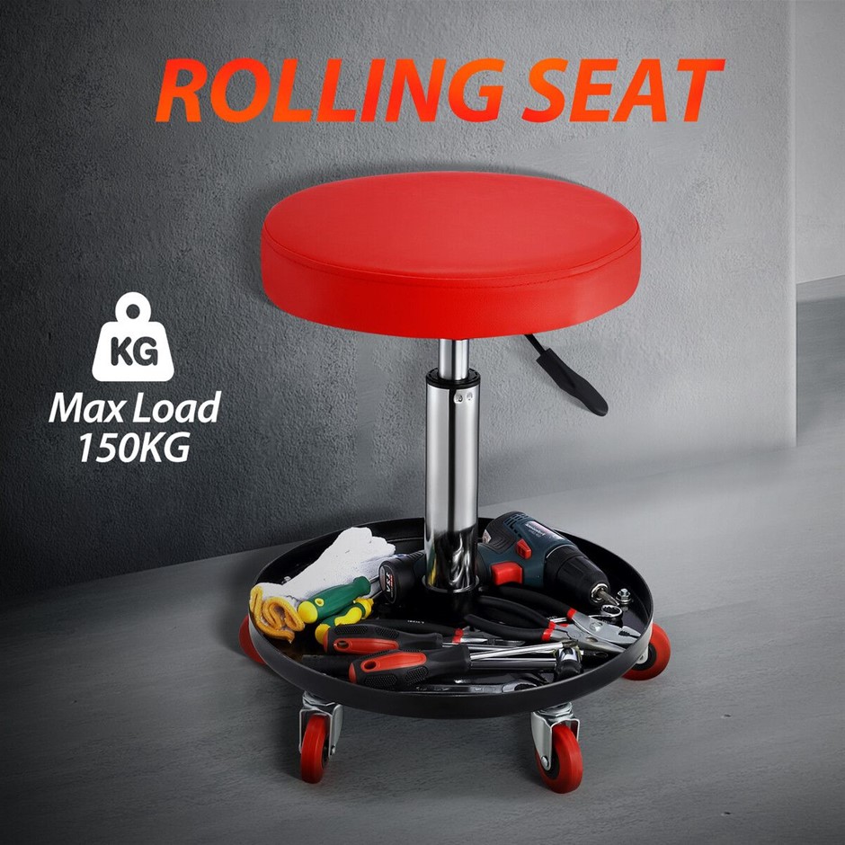 Red Height Adjustable Rolling Steel Padded Mechanic Work Stool Tool Tray