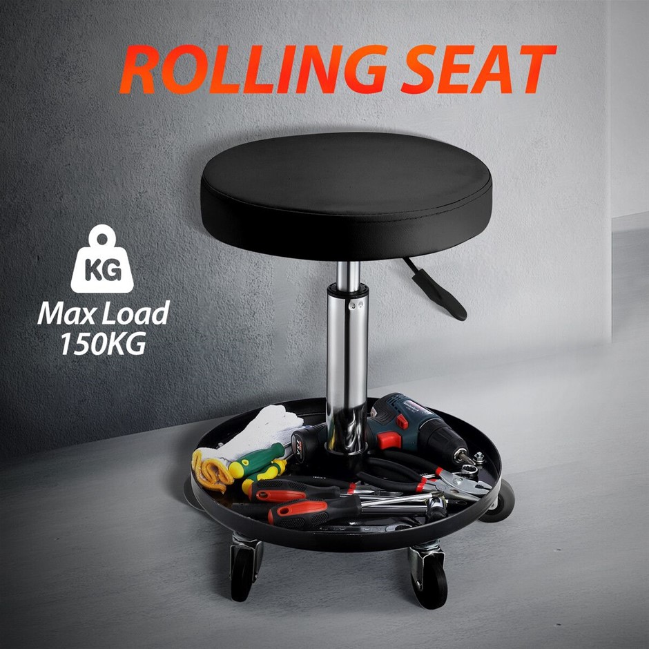 Black Height Adjustable Rolling Steel Padded Mechanic Work Stool Tool Tray