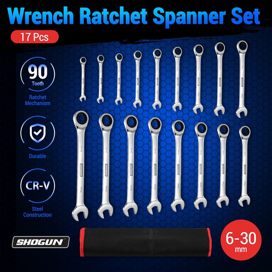 17pc Metric Ratcheting Wrench Spanner Set 90-Tooth CR-V Steel Storage Pouch