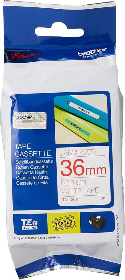 Brother Genuine Tze-262 Laminated Tape, Red on White, 36mm x 8m