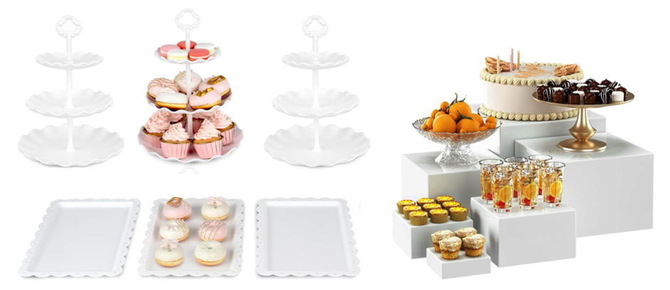 PIPTA 2 x Cake/Cupcake Stand, 3 x Appetiser Trays & 6 x Buffet Risers (Whit