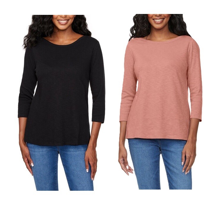 2 x SIGNATURE Women's 3/4 Sleeve Boatneck Slub Tees, Size M, 100% Cotton, B