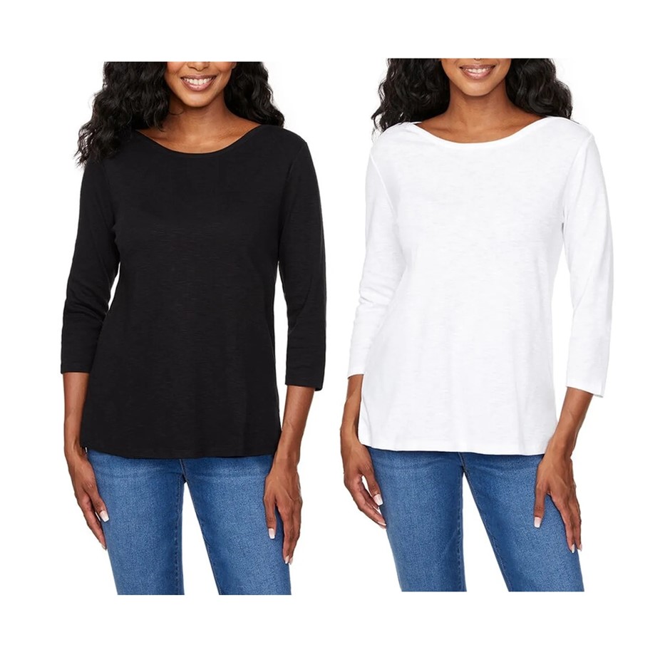 2 x SIGNATURE Women's 3/4 Sleeve Boatneck Slub Tees, Size XL, 100% Cotton,