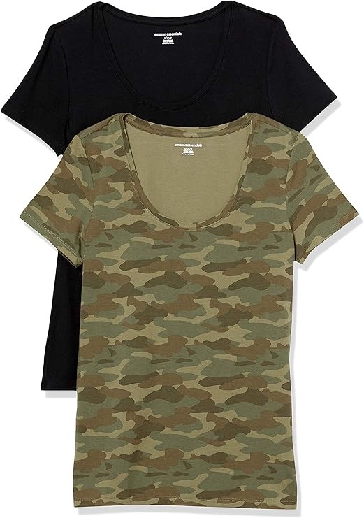 2-Pack AMAZON ESSENTIALS Women's Scoop Tees, Size L, Black/Green Camo. Buy