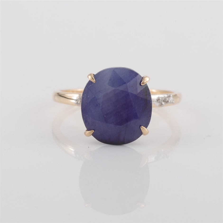 9ct Yellow Gold Natural Blue Sapphire & Diamond Ring