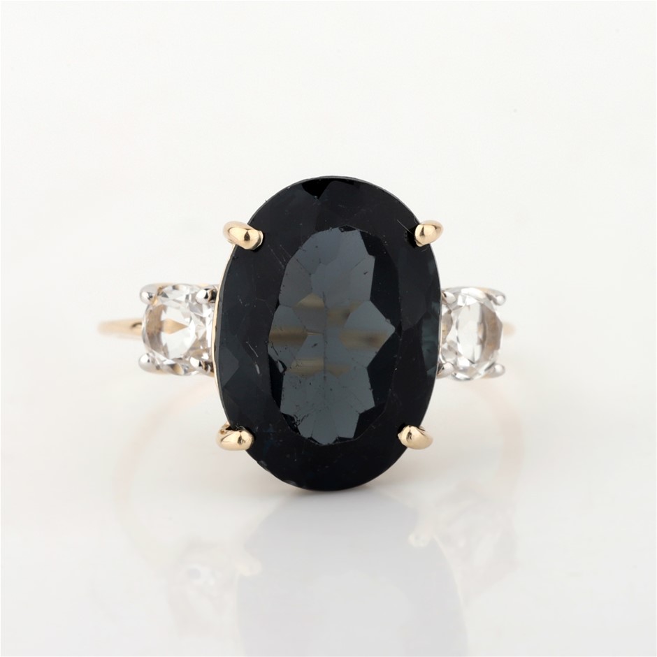 9ct Yellow Gold Natural London Blue Topaz / Natural White Topaz Ring