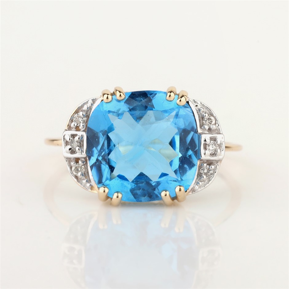 9ct Yellow Gold Natural Swiss Blue Topaz & Diamond Ring
