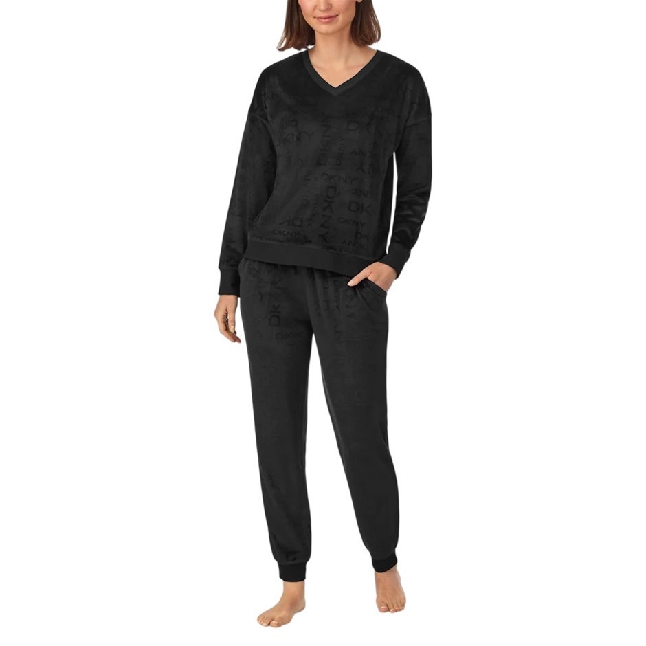 DKNY Women's 2pc Stretch Velour Lounge Set, Size XL, Black (V-Neck). Buyer