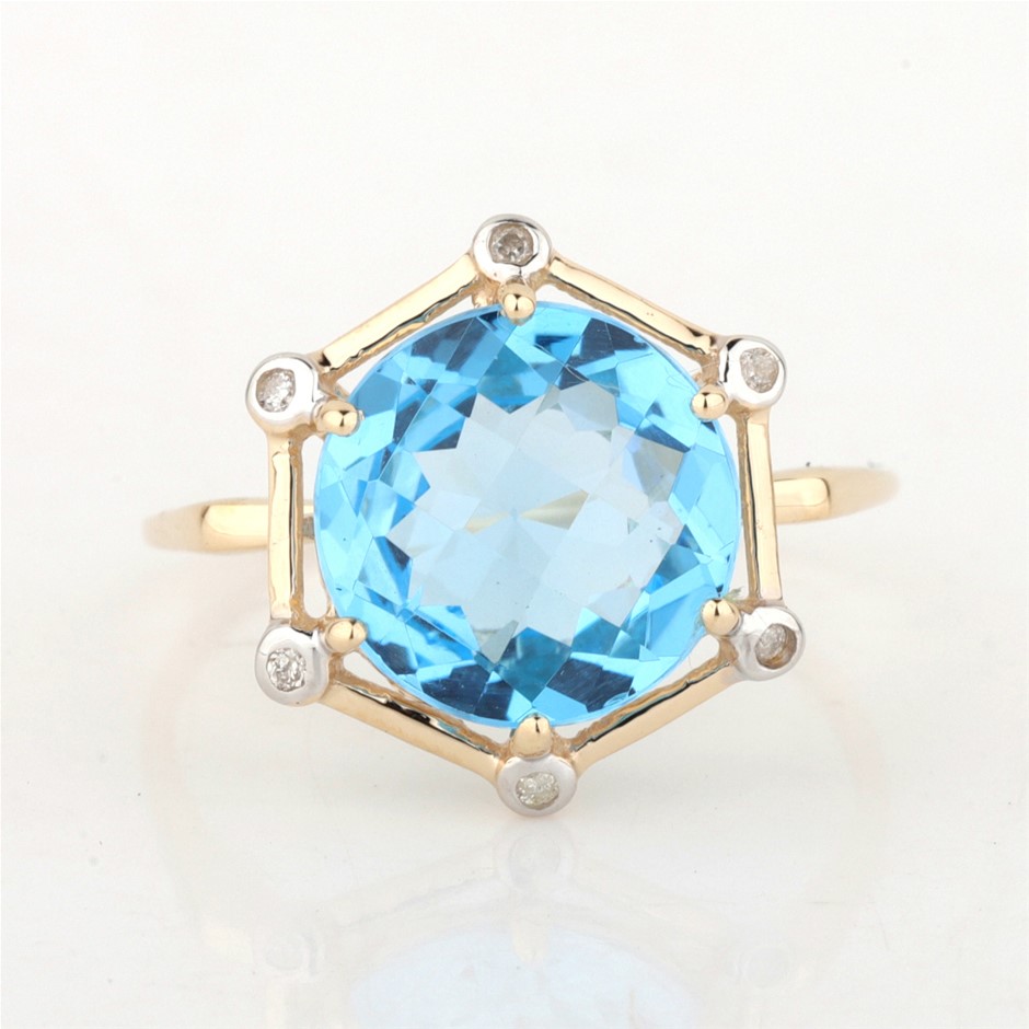 Yellow Gold Natural Swiss Blue Topaz & Diamond Ring