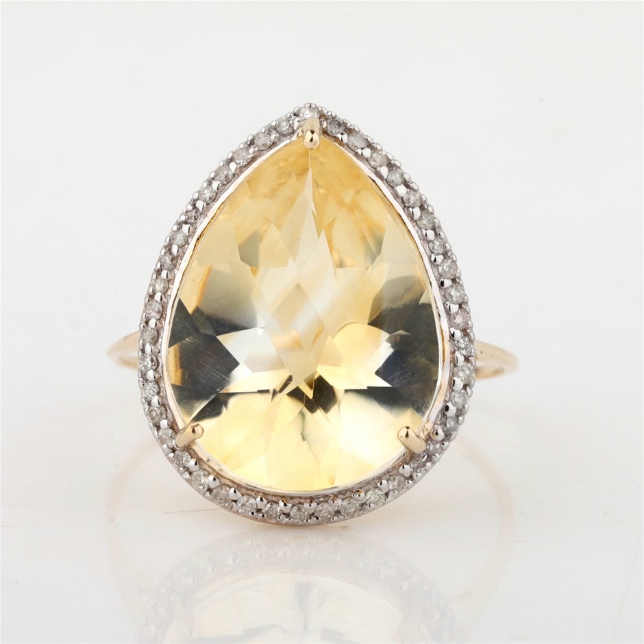Yellow Gold Natural Citrine & Diamond Ring