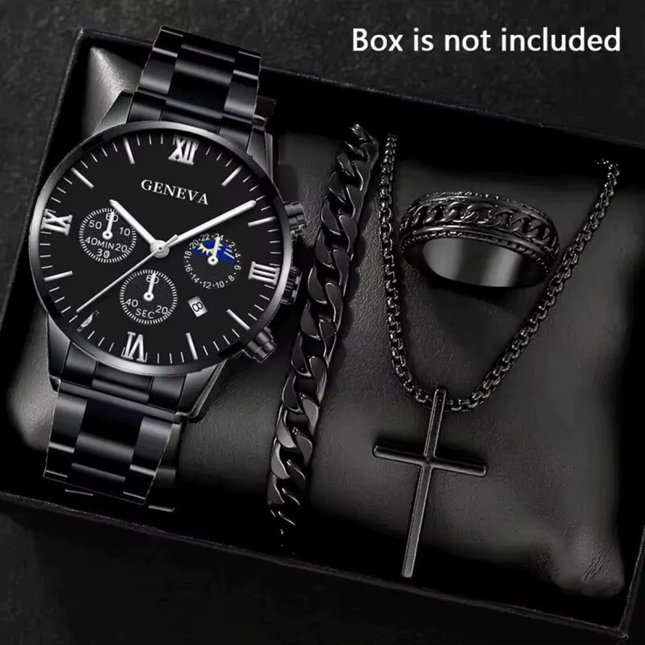 Men's 4PCS Quartz Watch, Cross Pendant Necklace, Ring Bracelet Set