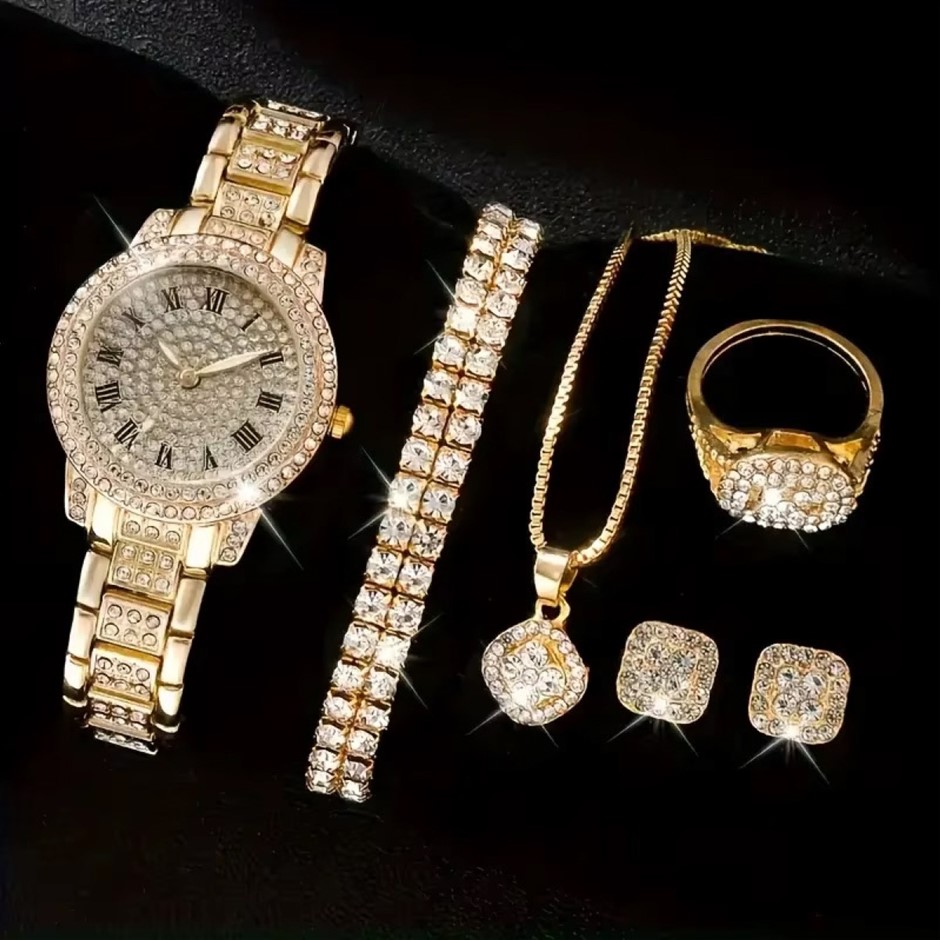 Luxury Elegant Wrist Watch &amp; 5PCS Crystal Jewellery Iced Out Set