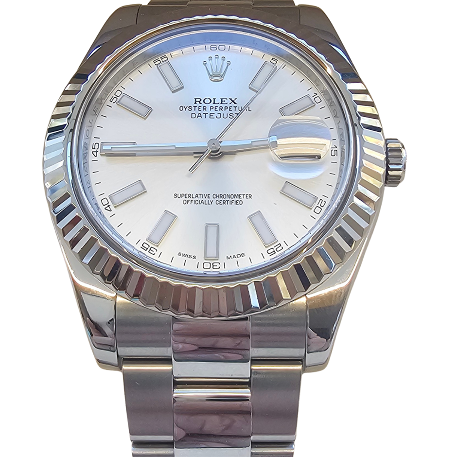 ROLEX DATEJUST 41MM 18K WHITE GOLD BEZEL 116334 SILVER DIAL OYSTER BXO&COA