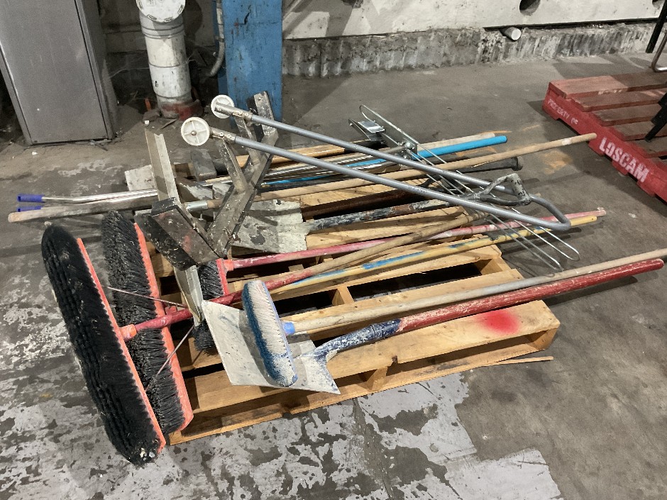 <p>Pallet Of Assorted Shovels, Brooms & Other Hand Tools</p>