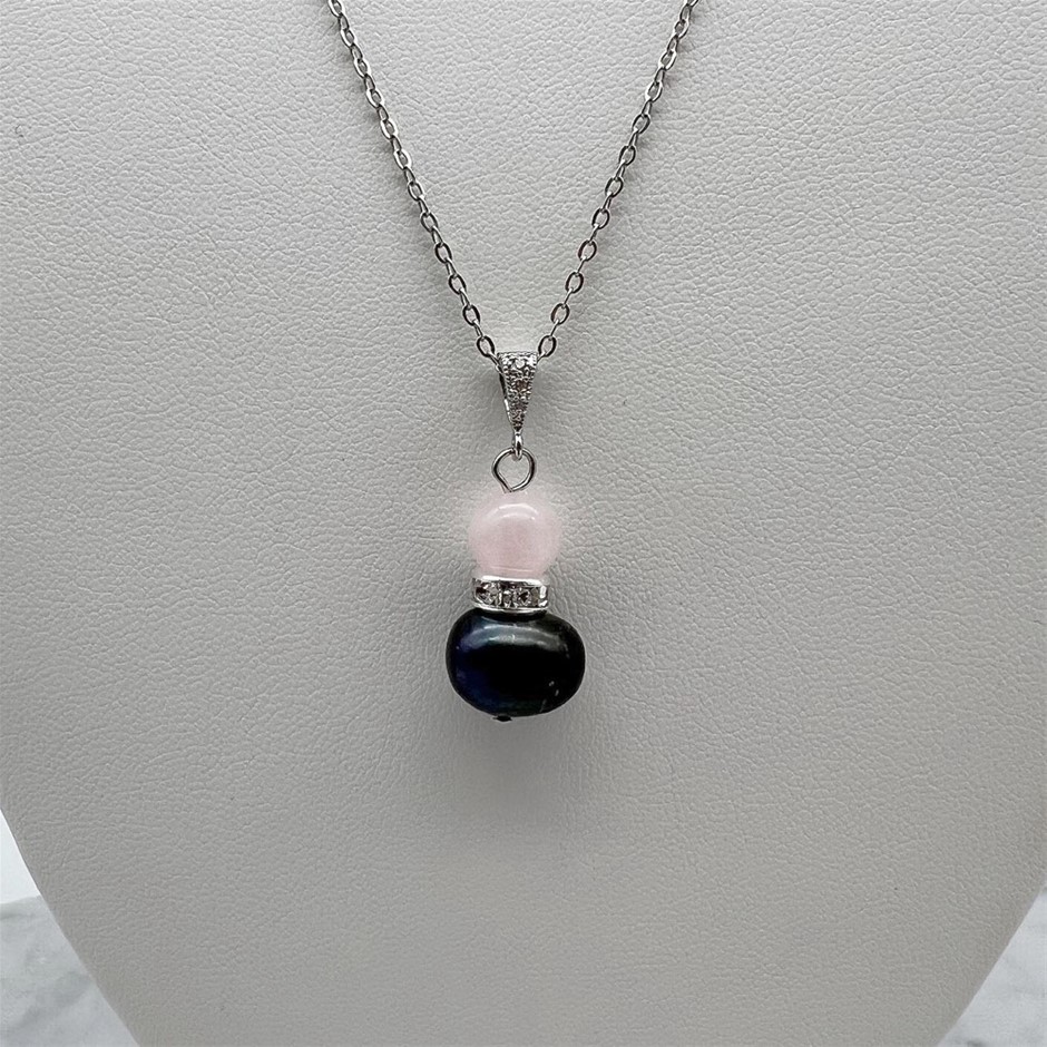 Pearl & Rose Quartz Platinum Plated Pendant Necklace