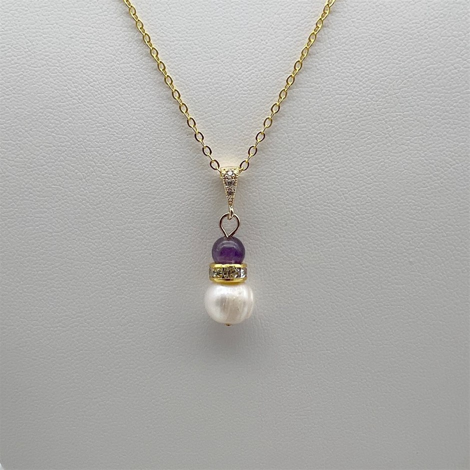 Pearl & Amethyst Gemstone Gold Plated Pendant Necklace