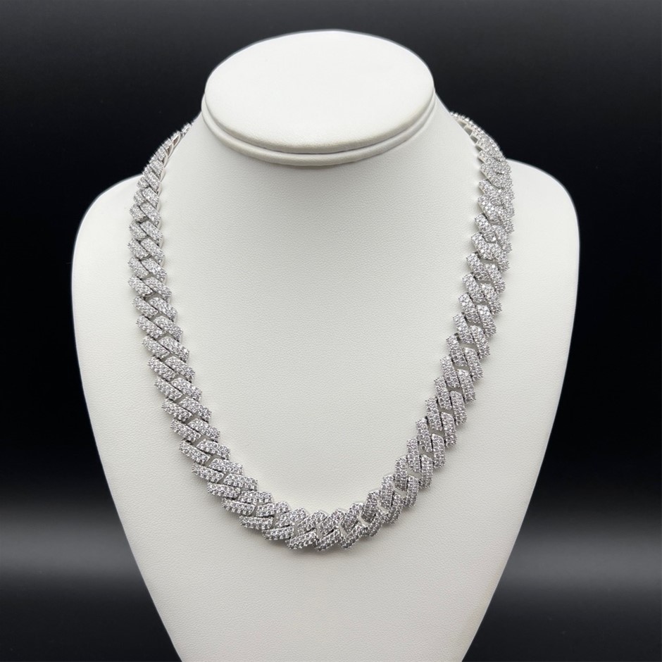 18K White-Filled Cuban Chain Necklace, AAA+ Cubic Zirconia's- 60.9cm