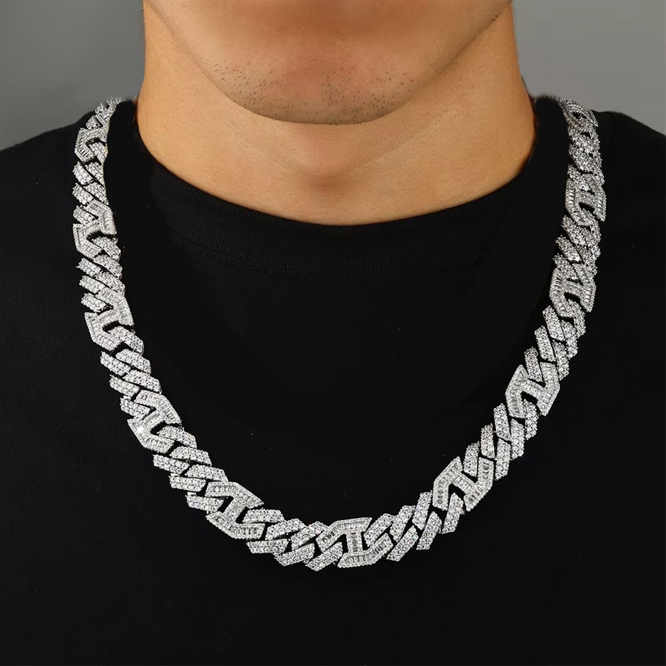 18K White Gold-Filled Cuban Necklace , AAA+ Cubic Zirconia's - 60.9cm