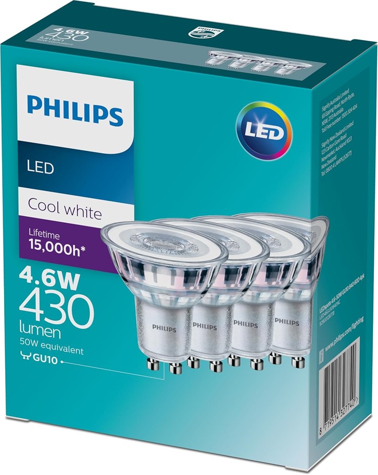 Philips LED Spot GU10, 4.6W Cool White, 3 Pack NB: Missing 1 Pack