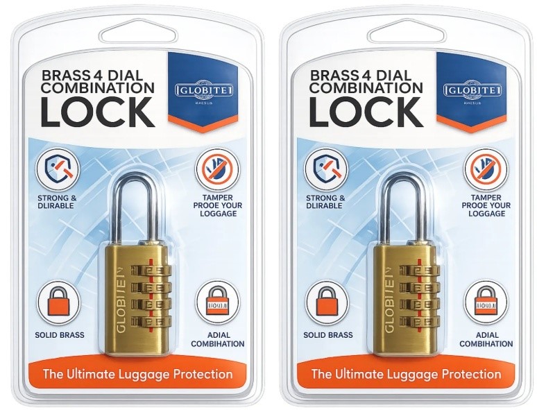 GLOBITE Brass Combination Lock 2pk, Brass
