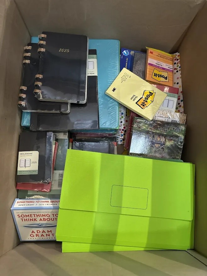 1 Box of Office Supplies, Blank Papers, Folders, Notebooks, markers