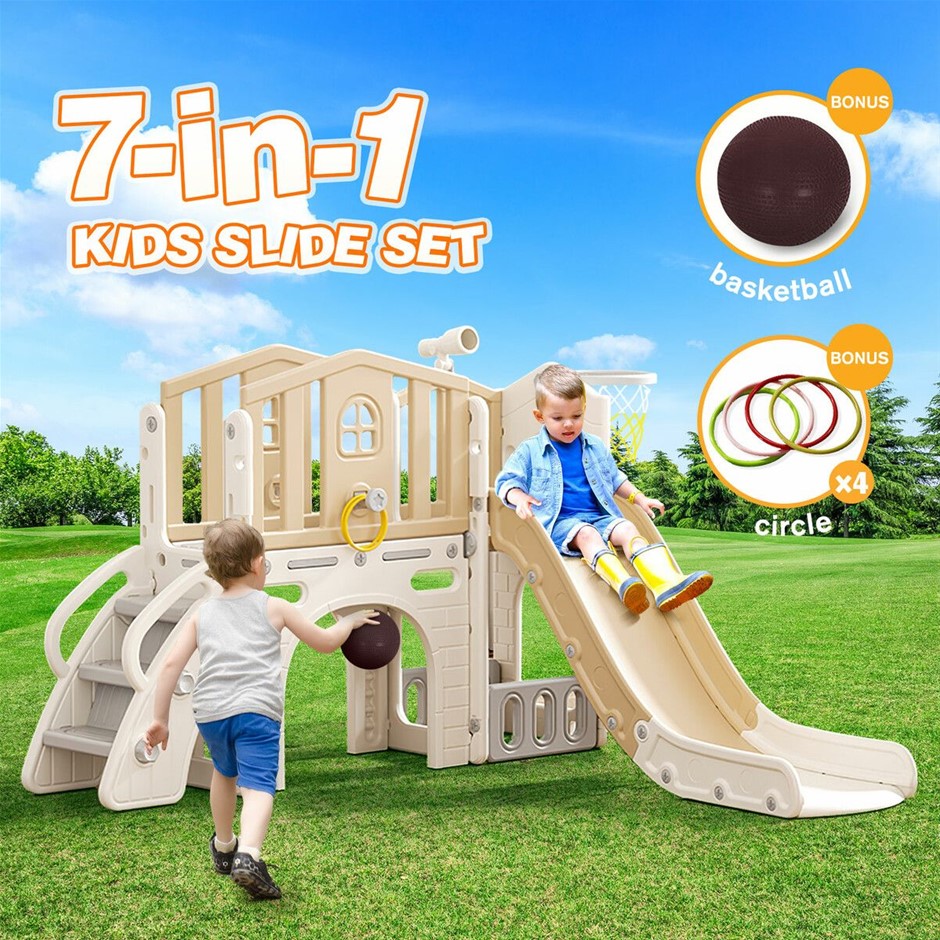 7 in 1 Kids Slide Playset Basketball Hoop Tunnel Indoor Outdoor