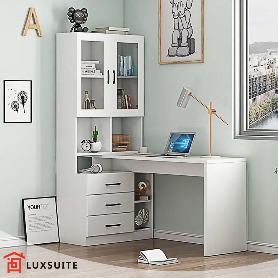 Computer Desk with Bookcase Drawers Shelves Workstation White