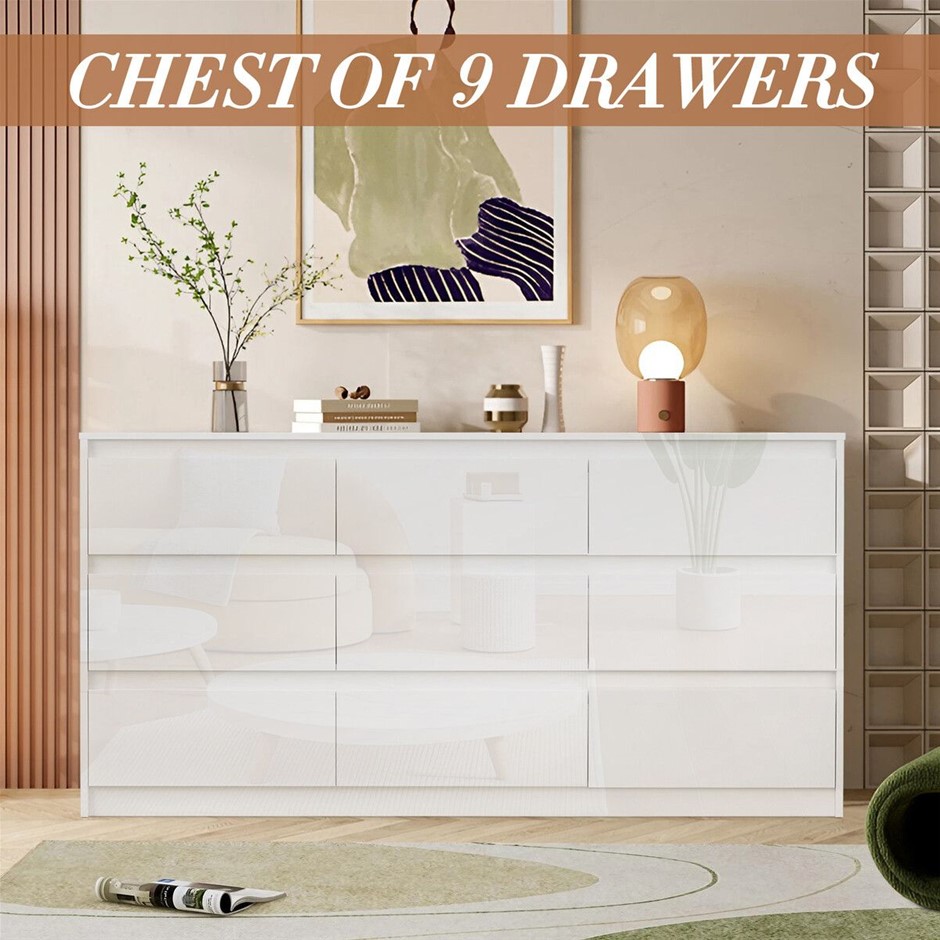 9 Drawer Dresser Tallboy Storage Tower Bedroom Chest White