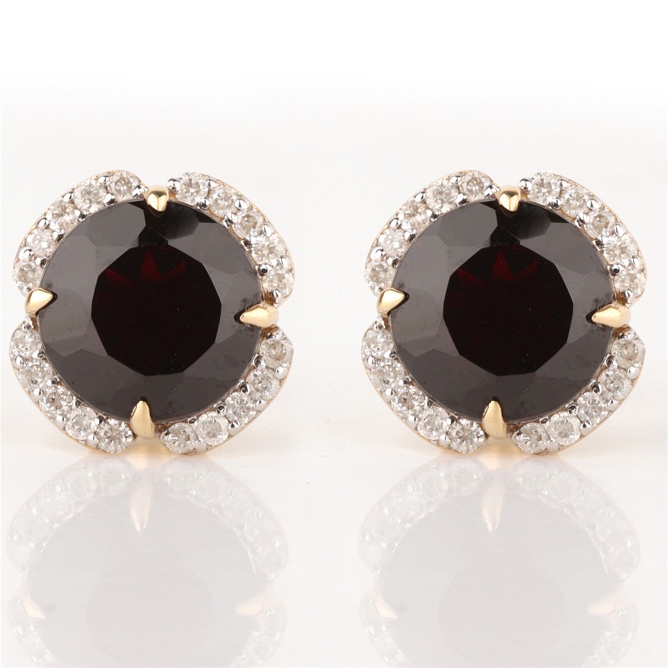 Yellow Gold Natural Garnet & Diamond Earrings