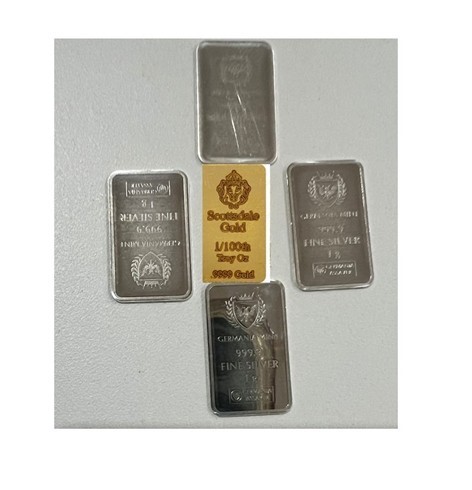 1/100oz Scottsdale Mint Gold Bar & 1 gram germania bar x 4