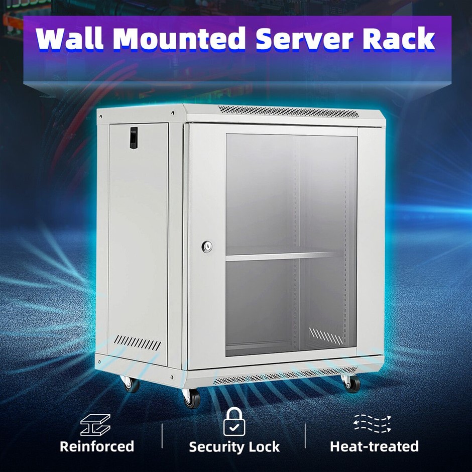 12U Server Cabinet 19 Inch Wall Mount Rack Lockable Glass Door White