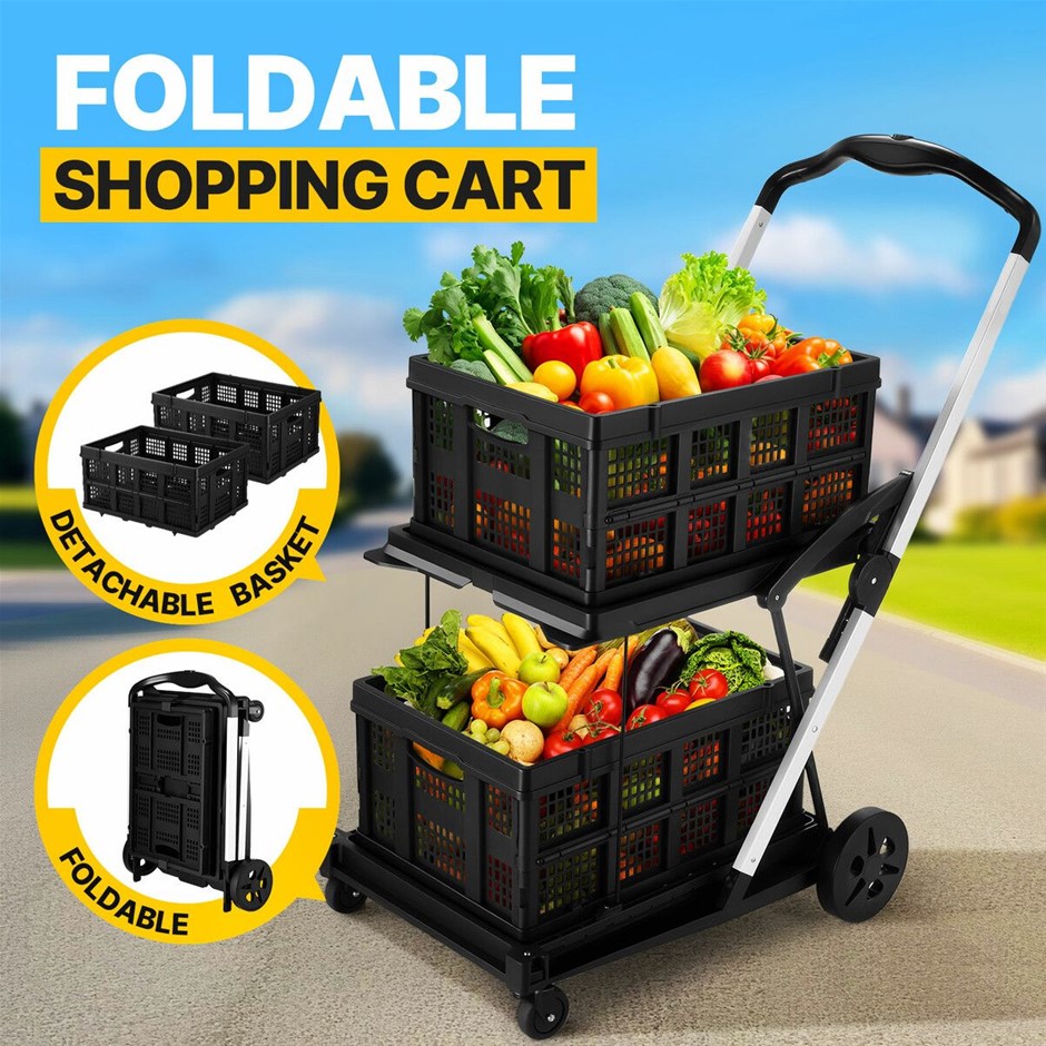 Folding Hand Truck Shopping Trolley 2 Basket Utility Cart 4 Wheels Black