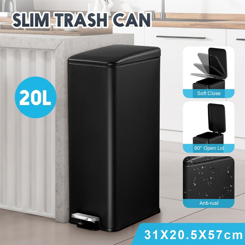 20L Slim Pedal Rubbish Bin Under Sink Kitchen Bathroom Rectangular Black