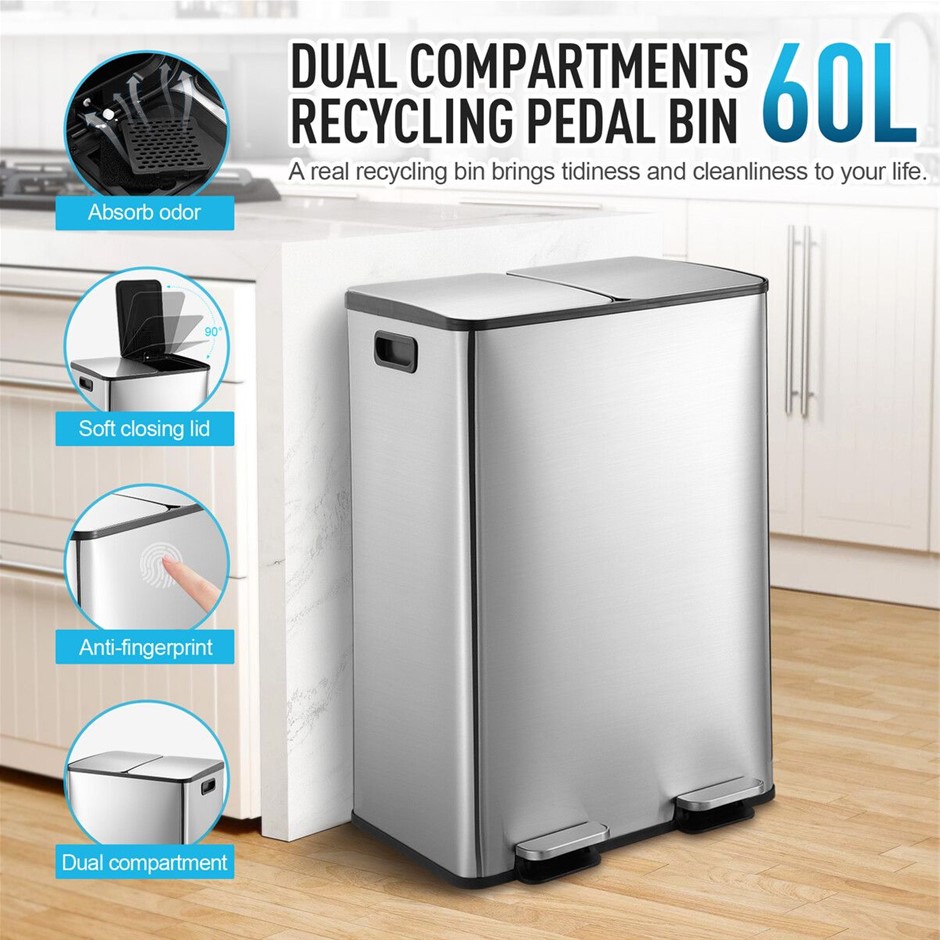 60L Dual Compartment Pedal Rubbish Bin Soft Close Stainless Steel