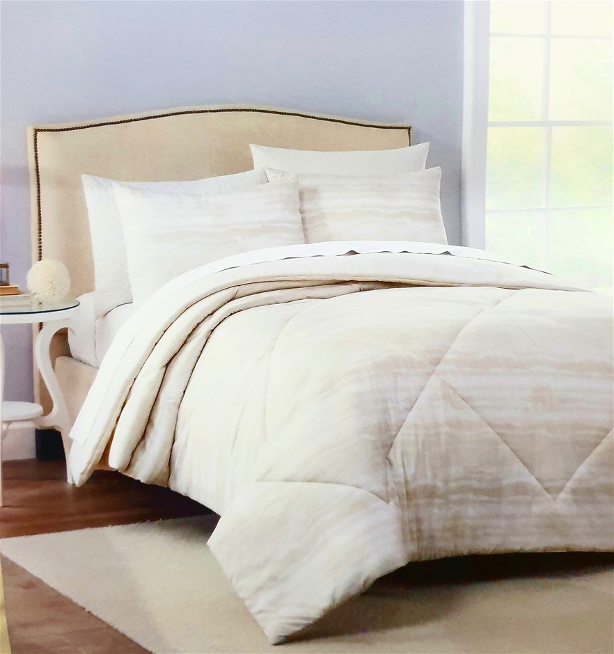 ADORN HOME 6 Piece Comforter & Coverlet Set, King, White/Tan Streak Pattern