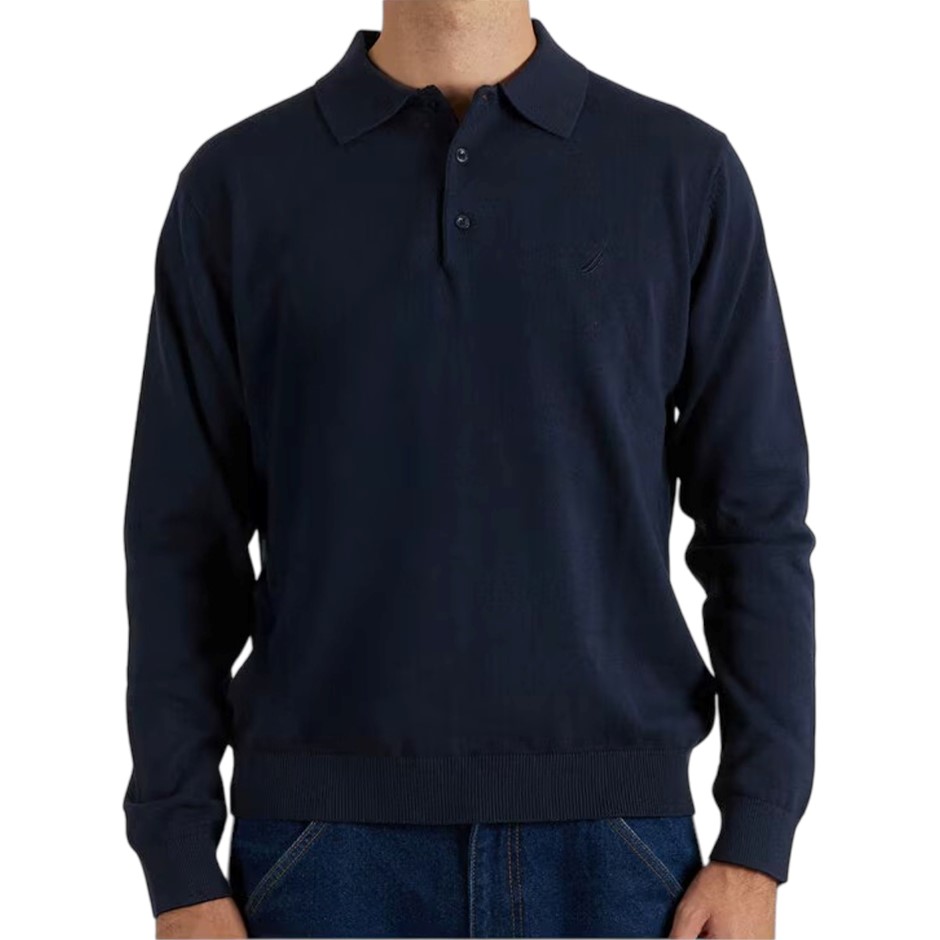 NAUTICA Men's Long Sleeve Knit Polo, Size L, 100% Cotton, Navy. NB: may hav