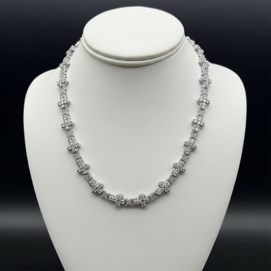 18K Silver-Filled Cross & Flower Necklace with AAA+ Cubic Zirconia's-55.8cm