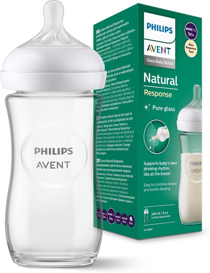 2 x PHILIPS AVENT Natural Response Glass Baby Bottle, 240ml, 1-Pack, SCY933